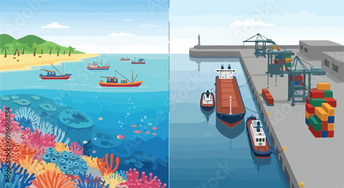 A side-by-side view of a tropical coastal scene and a busy industrial seaport