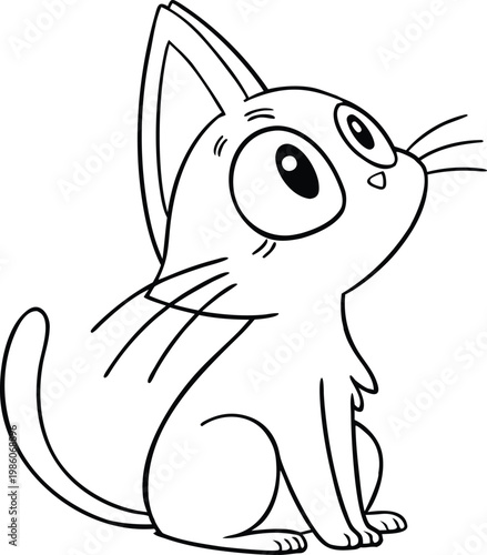 Cartoon Black And White Cat Looking Upwards kitten animal