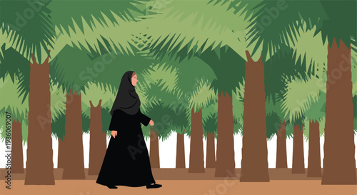 A woman in a black abaya and hijab walking through a grove of green palm trees