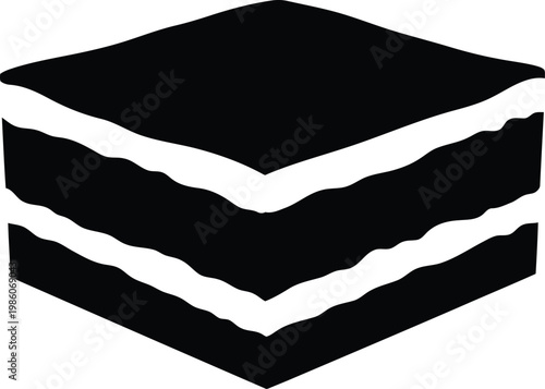 Stacked layers of irregularly shaped black and white geometric forms