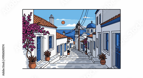 A picturesque village street with white buildings, blue doors, and purple flowers