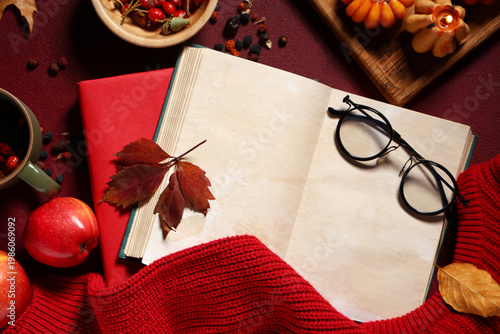 Books with apples, sweater ...