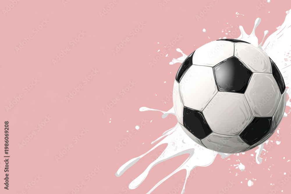 Naklejka premium A classic black and white soccer ball rests on a vibrant pink backdrop, marked by energetic white paint splatters.