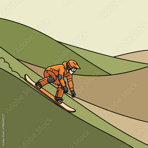 A snowboarder in an orange suit carves down a smooth, stylized green mountain
