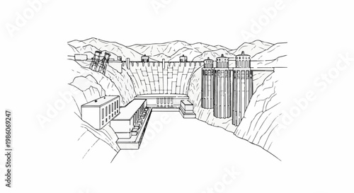 A detailed sketch depicts a large hydroelectric dam and surrounding mountainous terrain