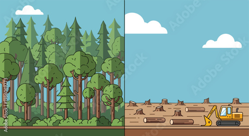 Contrast between a lush green forest and a barren area cleared by an excavator