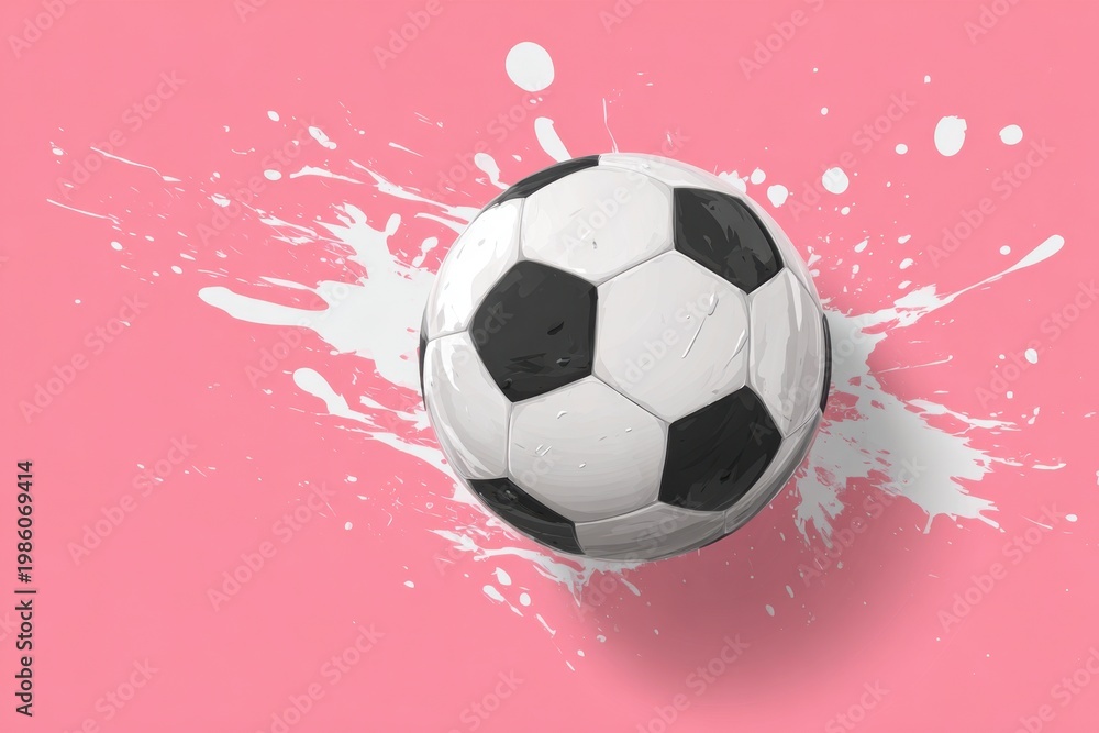 Naklejka premium A classic black and white soccer ball rests on a vibrant pink backdrop, marked by energetic white paint splatters.