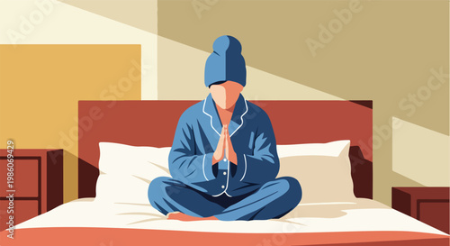 A person in pajamas sits on a bed with hands in a prayer position for meditation