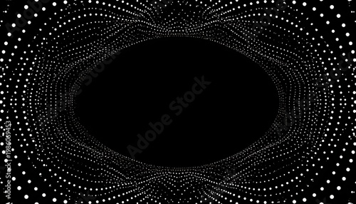 A black backdrop is encircled by wavy arrays of bright white dots forming an oval or tunnel like illusion