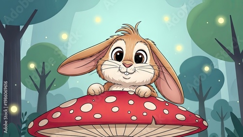 A cartoon rabbit sitting on a red mushroom in a forest with fireflies and trees
