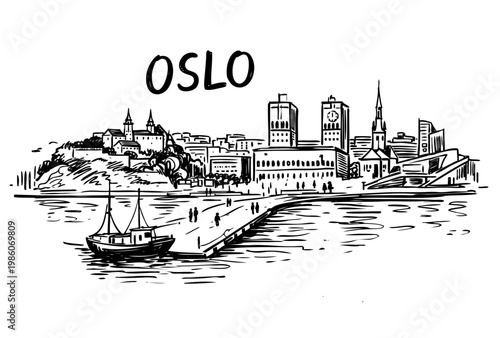 Oslo cityscape with harbor and skyline. Clean engraving style illustration. Vector black ink artwork, travel destination concept for branding or editorial.