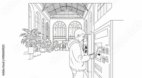A person uses a ticket machine in a grand hall with plants and arched windows