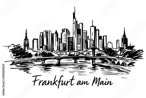 Frankfurt skyline with bridge and river in line art style. Detailed city illustration. Vector black ink artwork, urban travel concept for posters or design.
