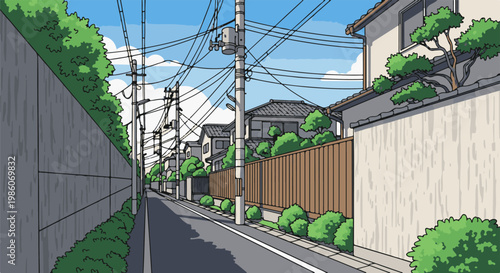 Suburban alley with overhead wires and lush green trees