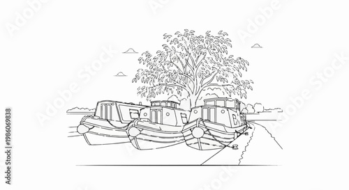 Three canal boats are moored beside a large tree on a riverbank