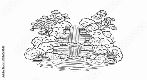 A serene cascading waterfall surrounded by lush greenery and rocks