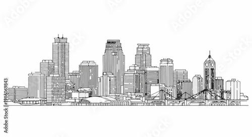 A monochromatic sketch of a sprawling cityscape featuring numerous skyscrapers and bridges
