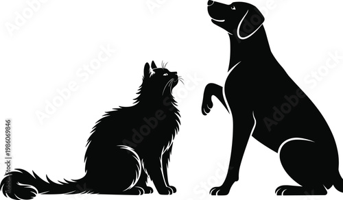 Elegant Black and White Silhouette Illustration of a Longhaired Cat and a Labrador Dog Looking Upward for Veterinary Services Pet Care and Animal Adoption