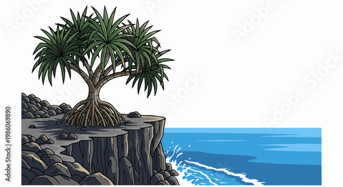 A lone pandanus tree with aerial roots clings to a rocky cliff by the sea
