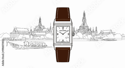 Watch face superimposed on a sketched Asian skyline with a boat
