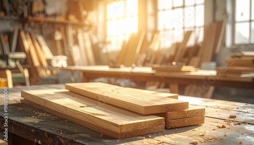 Taller de carpintería artesano con tablas de madera y virutas sobre la mesa de trabajo, fondo desenfocado con herramientas y luz natural