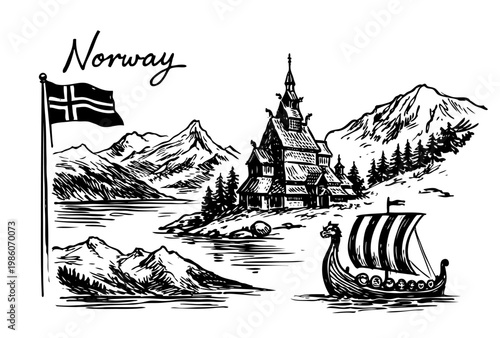 Norway landscape with mountains, church and viking ship. Scenic engraving style composition. Vector black ink illustration, travel and heritage concept for posters or branding.