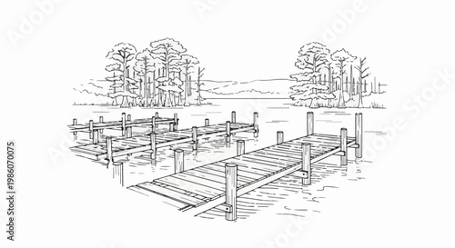 Wooden piers extend into calm waters with cypress trees in the background