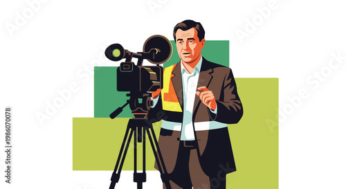 A man in a suit standing next to a large film camera on a tripod, illustration