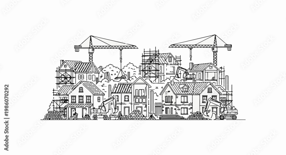 Obraz premium Sketch of houses under construction with cranes and excavators