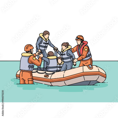 Rescuers in orange uniforms assist civilians into a rubber life raft on water