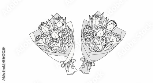 Two identical black and white floral bouquets with tulips and hyacinths