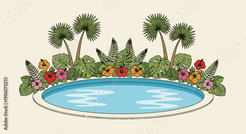 Tropical pool with palm trees and colorful hibiscus flowers