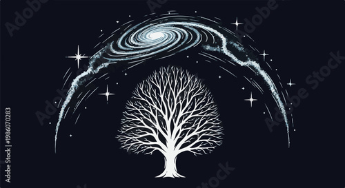 White tree silhouette with galaxy and stars against dark night sky