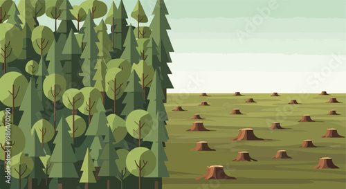 A digital illustration showing a lush forest contrasted with a cleared landscape