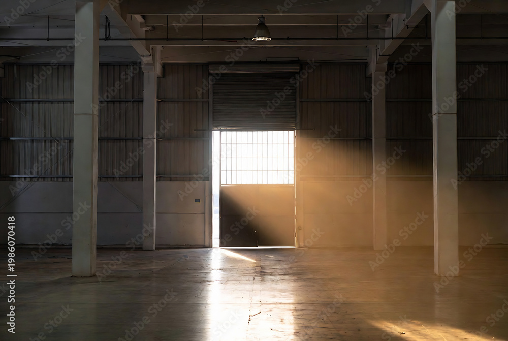 Fototapeta premium A single light illuminates a doorway in an industrial warehouse, creating a dramatic and mysterious scene.