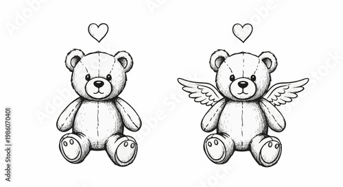 Two hand-drawn teddy bears with hearts above their heads, one with wings