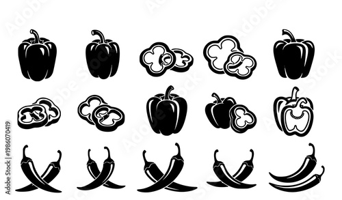 Bell pepper and chili pepper icon set vegetable silhouettes vector isolated on white background