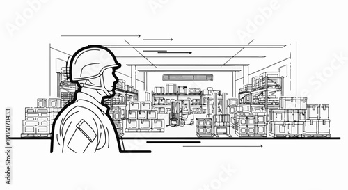 Warehouse worker in hard hat surveys stacked boxes and forklift traffic