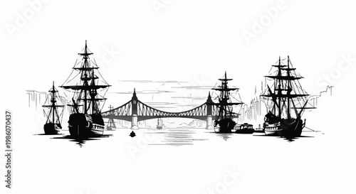 Vintage ships and a bridge evoke a historical maritime cityscape scene