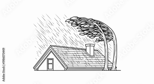 Windy weather batters a house roof and a bent tree with heavy rain falling