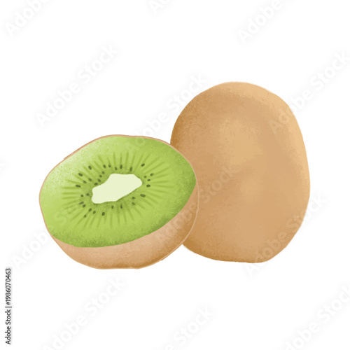 Digital Illustration of a Whole and Sliced Green Kiwi Fruit