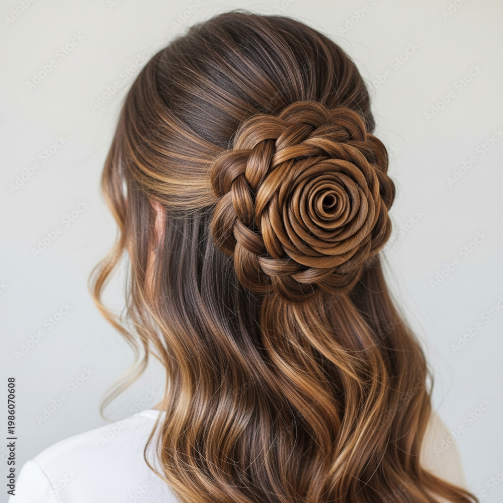 Fototapeta premium A beautiful woman with long curly brown hair extensions showcases a shiny salon hairstyle in this fashion closeup