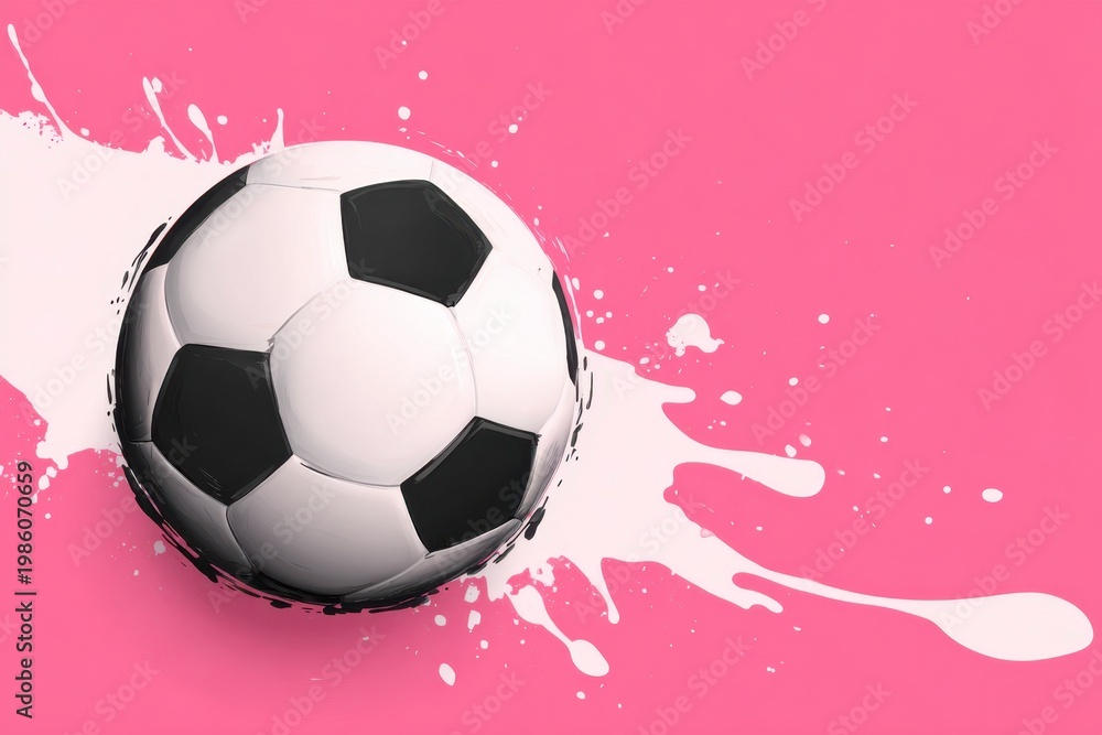 Fototapeta premium A classic black and white soccer ball rests on a vibrant pink backdrop, marked by energetic white paint splatters.