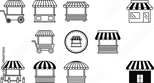 Market stall and shop kiosk line icon set featuring street vendors carts storefronts and retail symbols collection