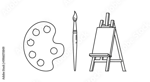 Artist's tools set with palette paintbrush and easel icon