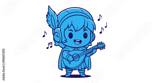 Blue cartoon character playing guitar.