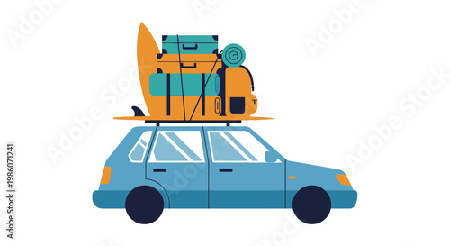 Car with luggage on roof rack.