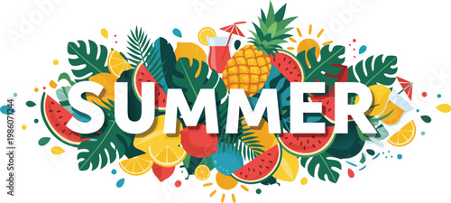 Modern Summer Tropical Banner with Soft Shadow Typography & Vibrant Flat Illustration