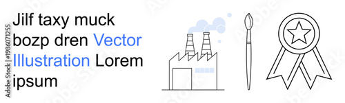 Industrial production, creativity, recognition, environmental awareness, artistic expression, and design projects. Factory with smoke, paintbrush award ribbon. Industrial production and creativity