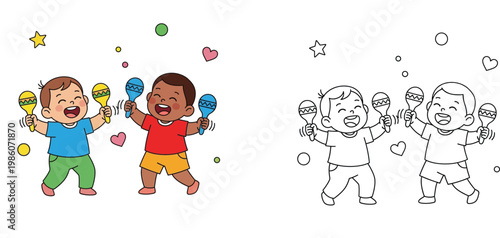 Happy multicultural children playing maracas and celebrating, coloring book page for kids and color illustration comparison set for music and party theme vector art.